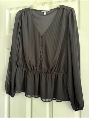 Nine West Black Sheer V-Neck Button Peplum Blouse